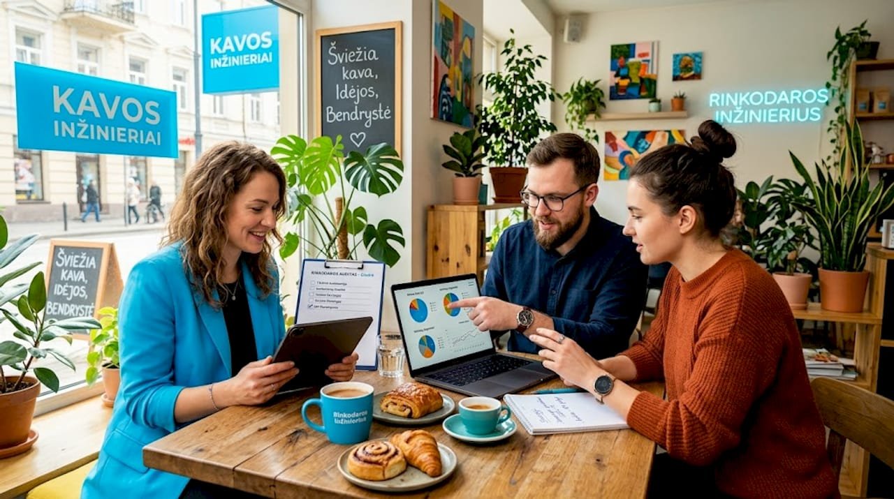 Marketingo komanda biure aptaria audito kontrolinį sąrašą.