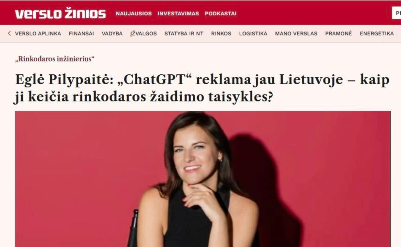 Eglė Pilypaitė apie „ChatGPT“ reklamą Lietuvoje – publikacija „Verslo žiniose“
