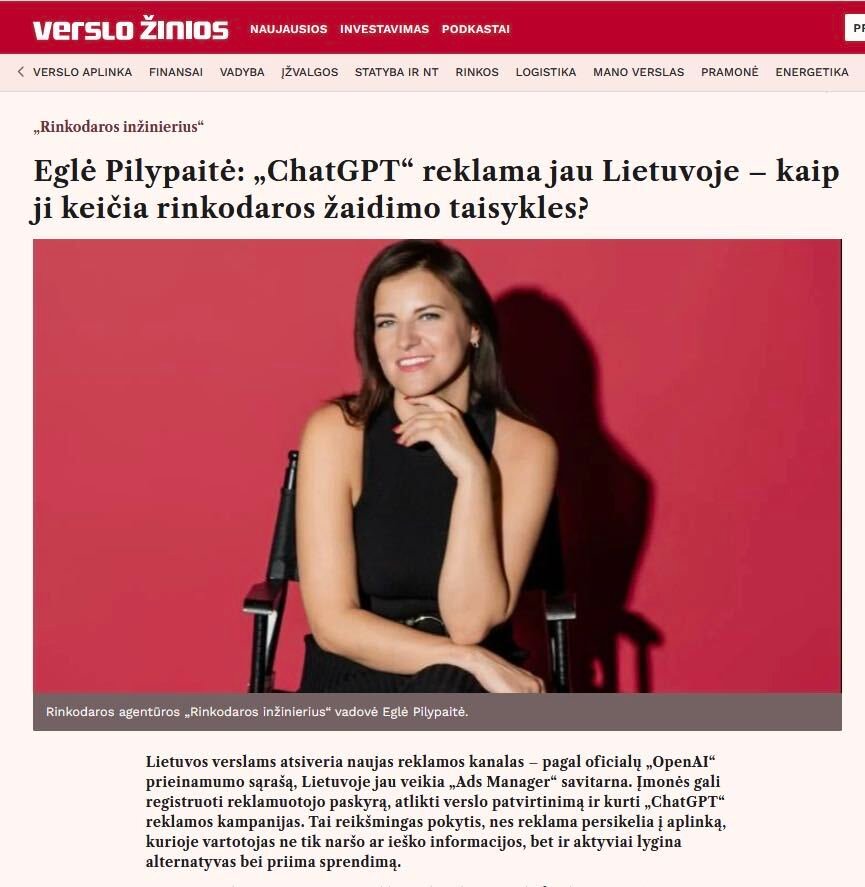 Eglė Pilypaitė apie „ChatGPT“ reklamą Lietuvoje – publikacija „Verslo žiniose